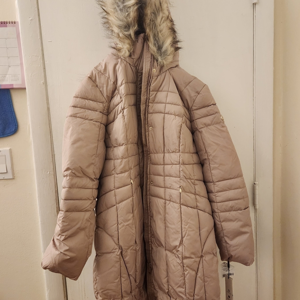 Calvin Klein Beige Puffer Coat with Faux Fur Hood